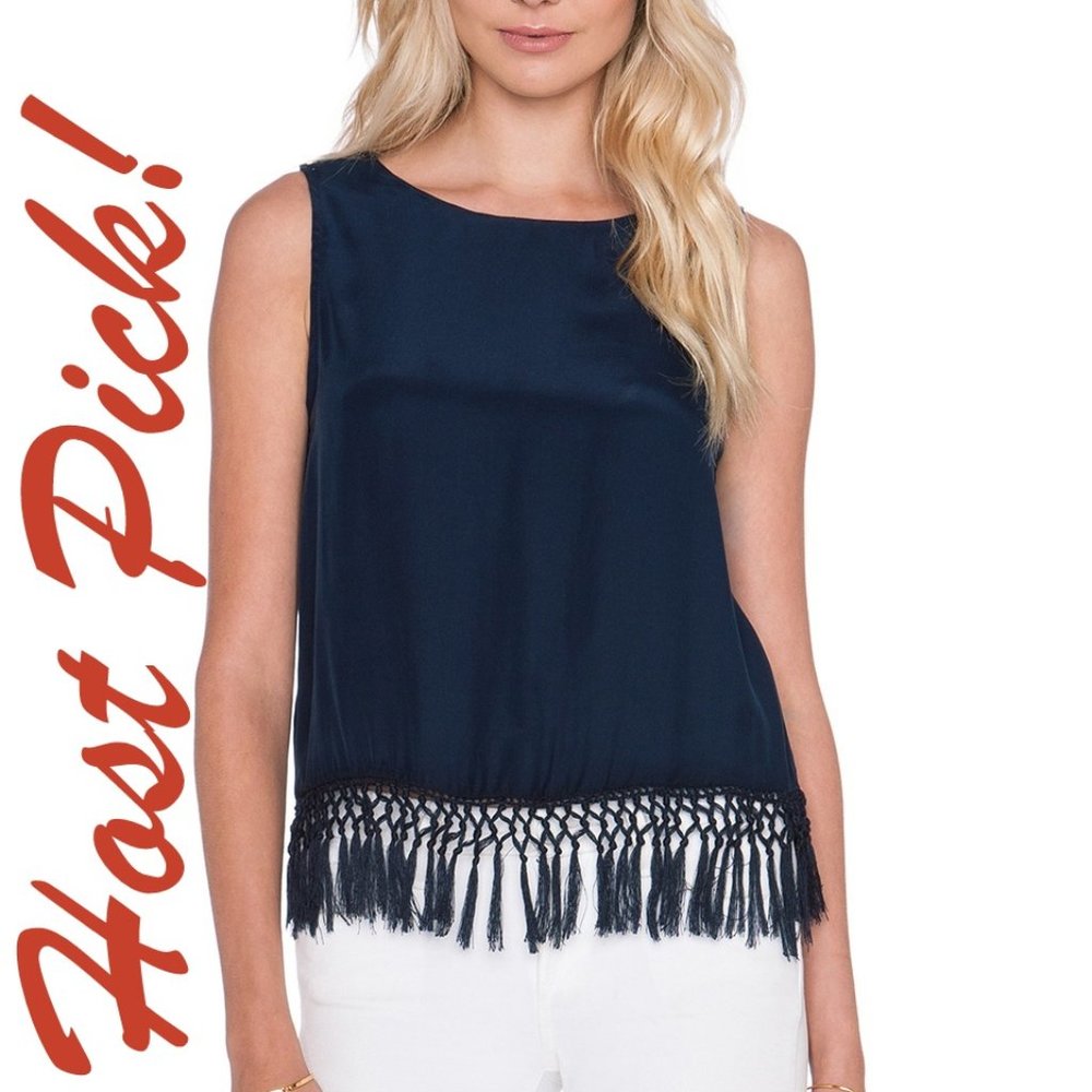 Amour Vert NEW Silk Tank Top Fringed Blouse Navy NWT Women's LπHPπ - Picture 2 of 7